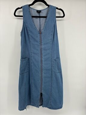 Mossimo Light Wash Denim Zip-Front Pinafore Dress Waist Tie